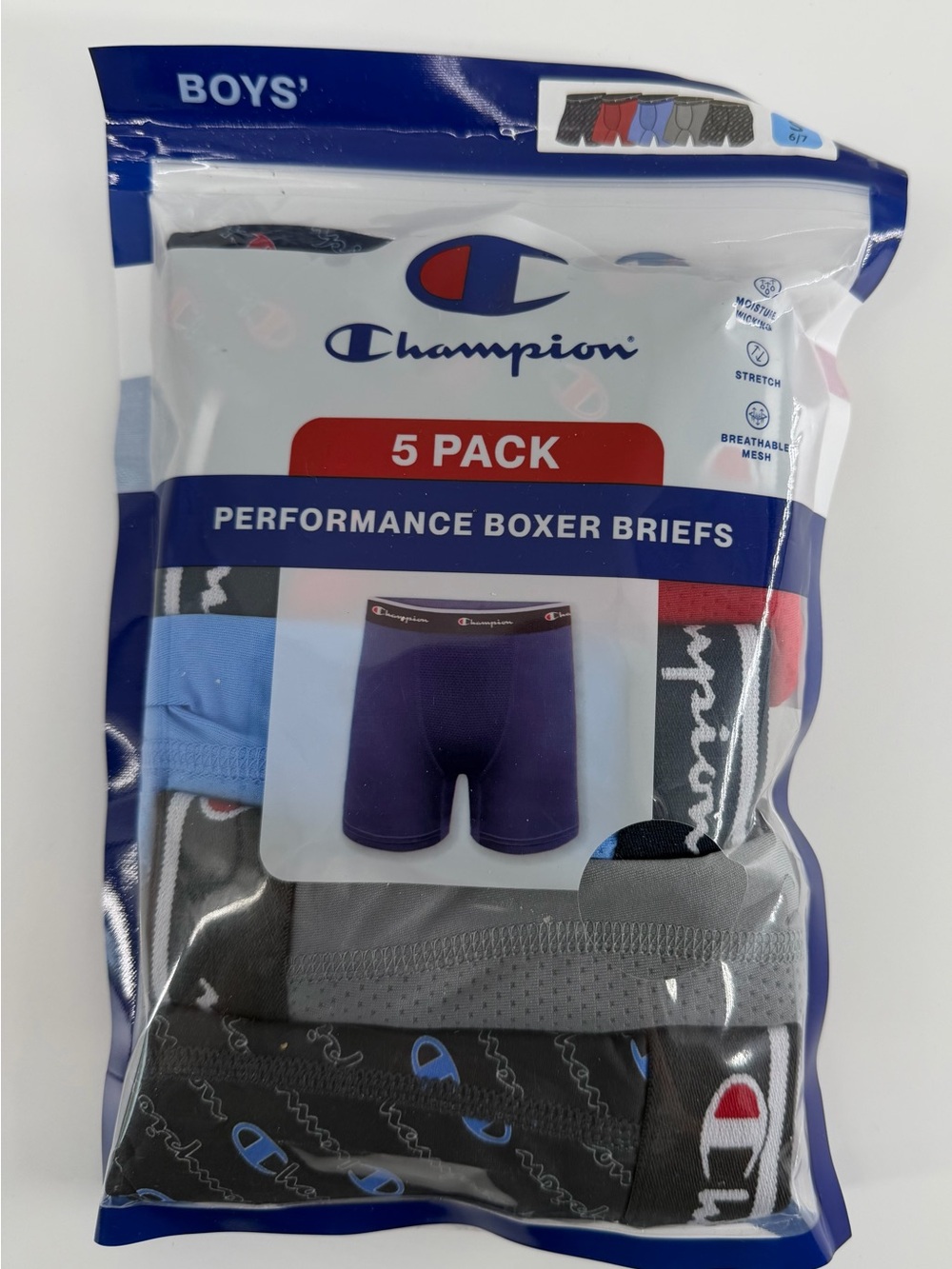 Champion Boys' 5-Pack Performance Boxer Briefs - Gray, Black, Blue, Red, Purple